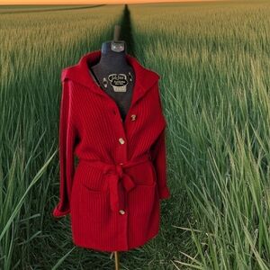 NWOT Carolyn Taylor Vibrant Red Ribbed Knit Cardigan with Belt, Size L